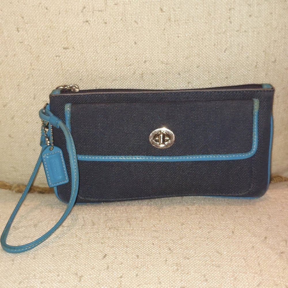 Coach Canvas and Leather Denim Wristlet  with Turnlock